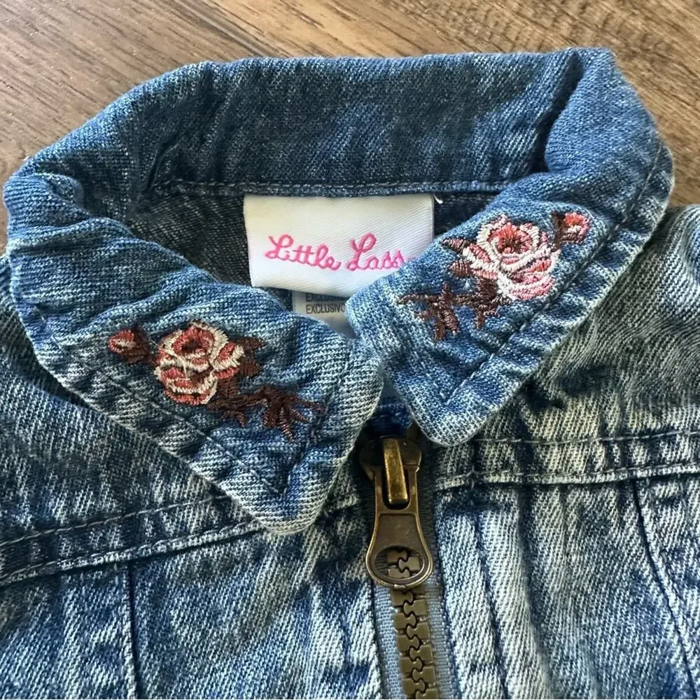 Little Lass Toddler Girl’s Blue Denim Jacket, Floral Embroidery, 100% Cotton,12m